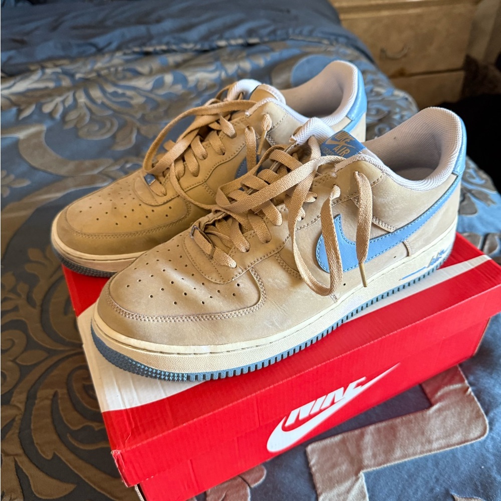 Nike Air Force 1 Tan and Light Blue Sneakers.  Rare Color-way.